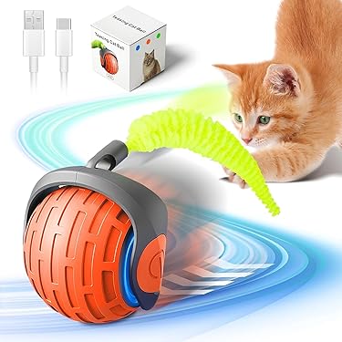 Rollender Spielball für Katzen mit Federschwanz